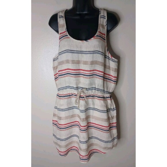 Hinge Women Dress Beige Striped 100% Linen Sleeveless Mini Waist Drawstring Sz 1 - Picture 2 of 11